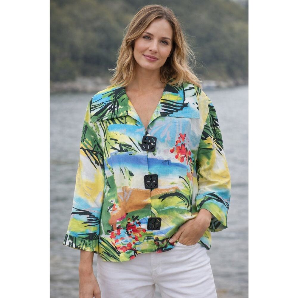 CAROLINE ROSE Women's L Tropical Print Button Shirt USA